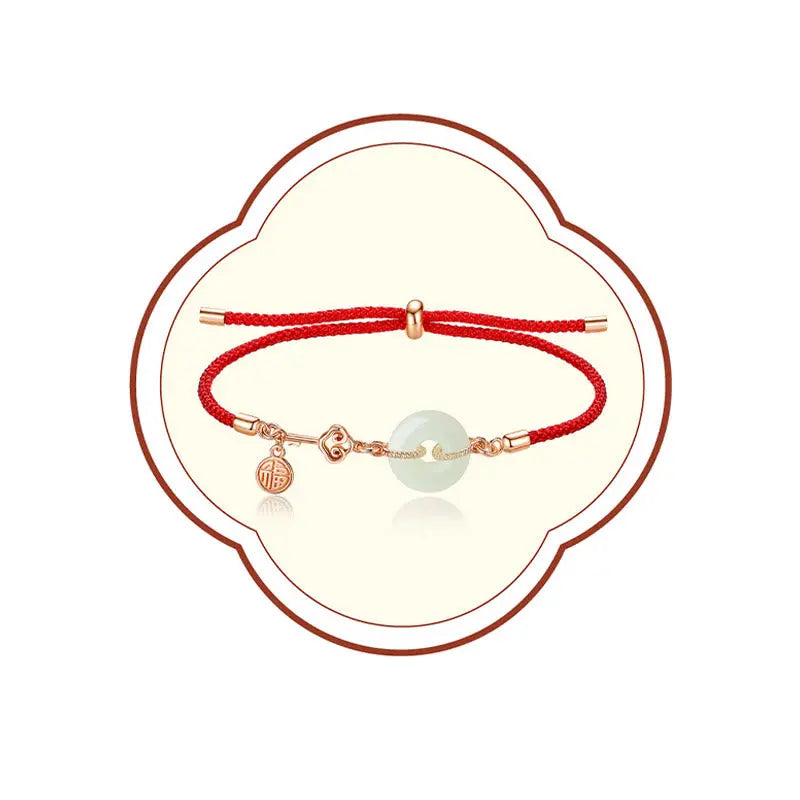 Buddha Stones Natural Hetian Jade Peace Buckle 925 Sterling Silver Red String Fu Character Protection Luck Bracelet BS