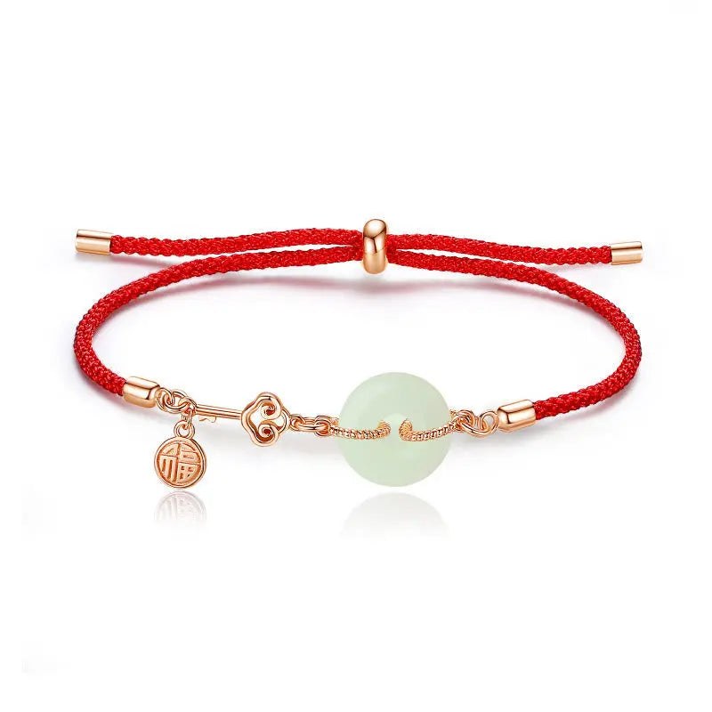 Buddha Stones Natural Hetian Jade Peace Buckle 925 Sterling Silver Red String Fu Character Protection Luck Bracelet BS