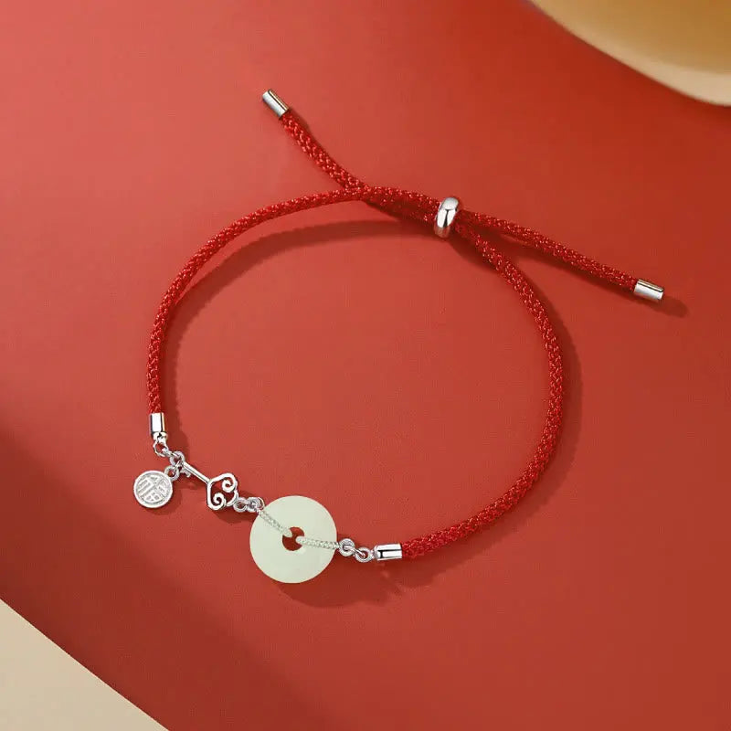 Buddha Stones Natural Hetian Jade Peace Buckle 925 Sterling Silver Red String Fu Character Protection Luck Bracelet BS