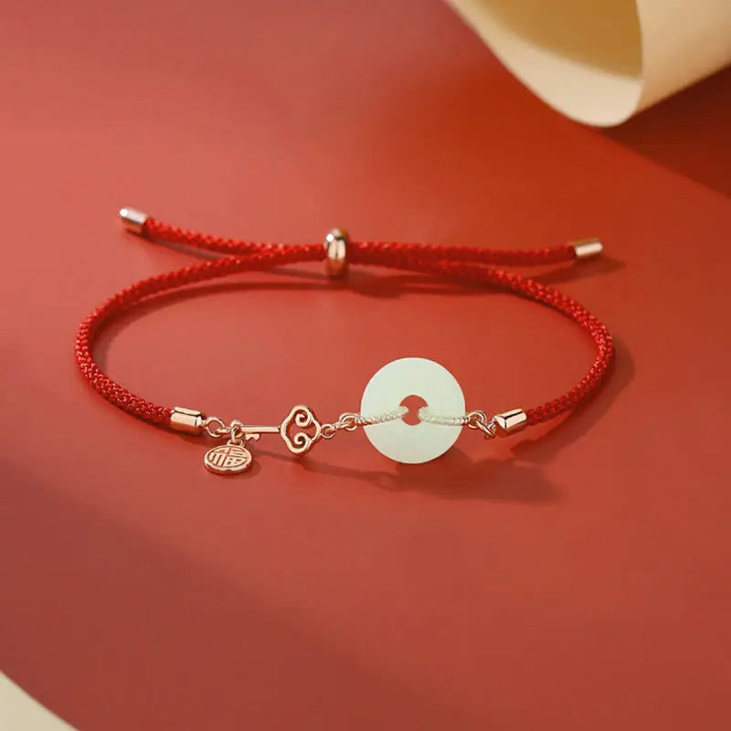 Buddha Stones Natural Hetian Jade Peace Buckle 925 Sterling Silver Red String Fu Character Protection Luck Bracelet BS