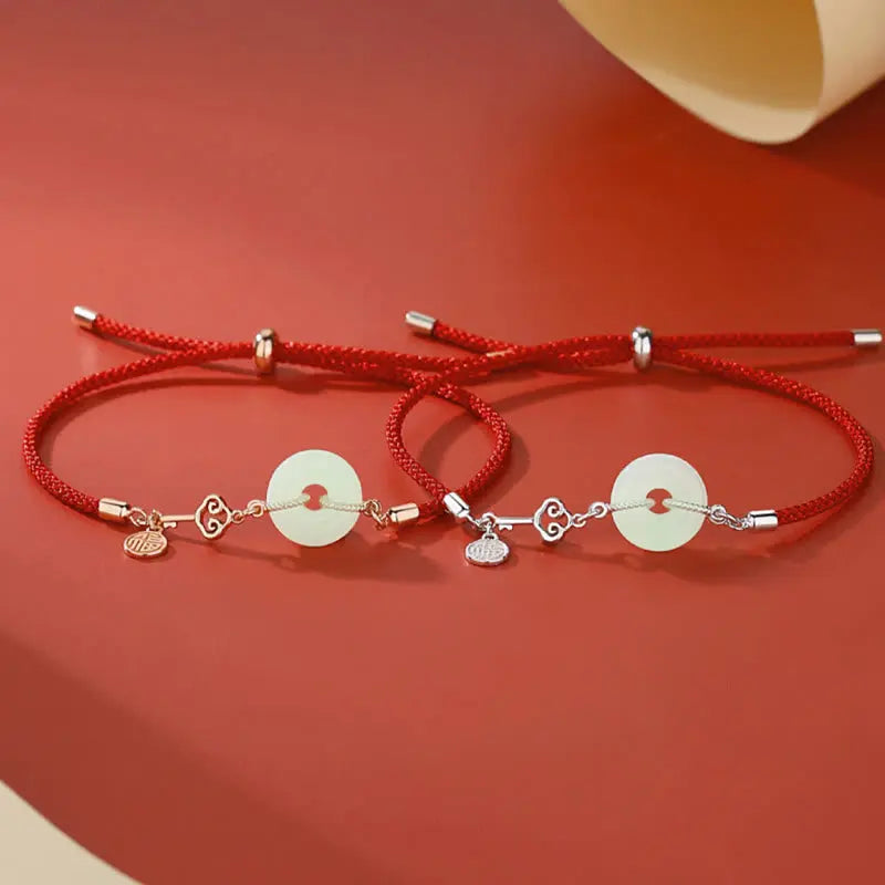 Buddha Stones Natural Hetian Jade Peace Buckle 925 Sterling Silver Red String Fu Character Protection Luck Bracelet BS