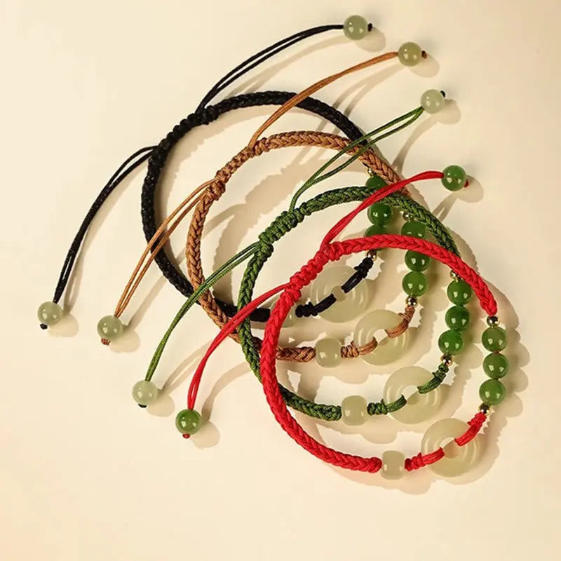 Buddha Stones Natural Hetian Jade Peace Buckle Red String Protection Luck Bracelet BS