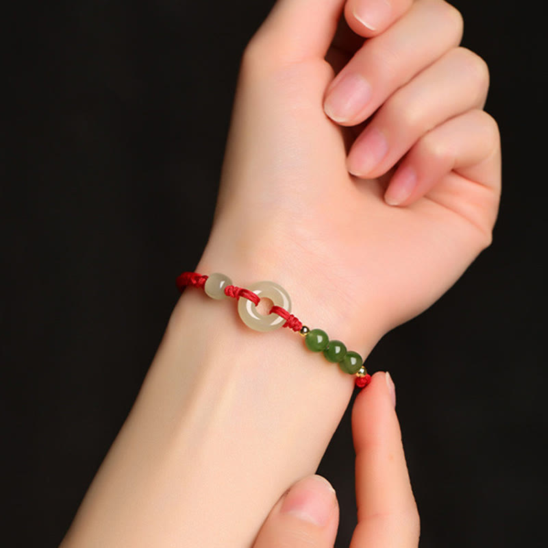 Buddha Stones Natural Hetian Jade Peace Buckle Red String Protection Luck Bracelet BS