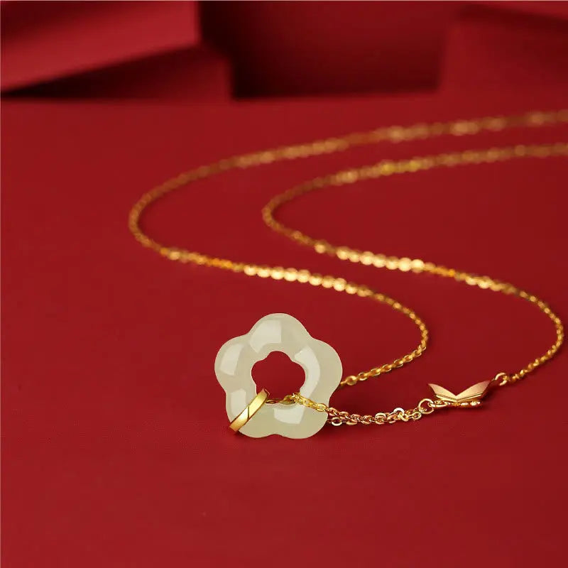 Buddha Stones 925 Sterling Silver Butterfly Hetian Jade Flower Blessing Necklace Pendant BS