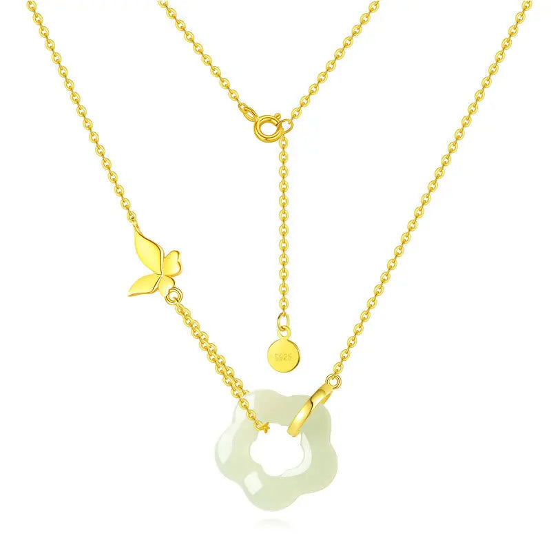 Buddha Stones 925 Sterling Silver Butterfly Hetian Jade Flower Blessing Necklace Pendant BS