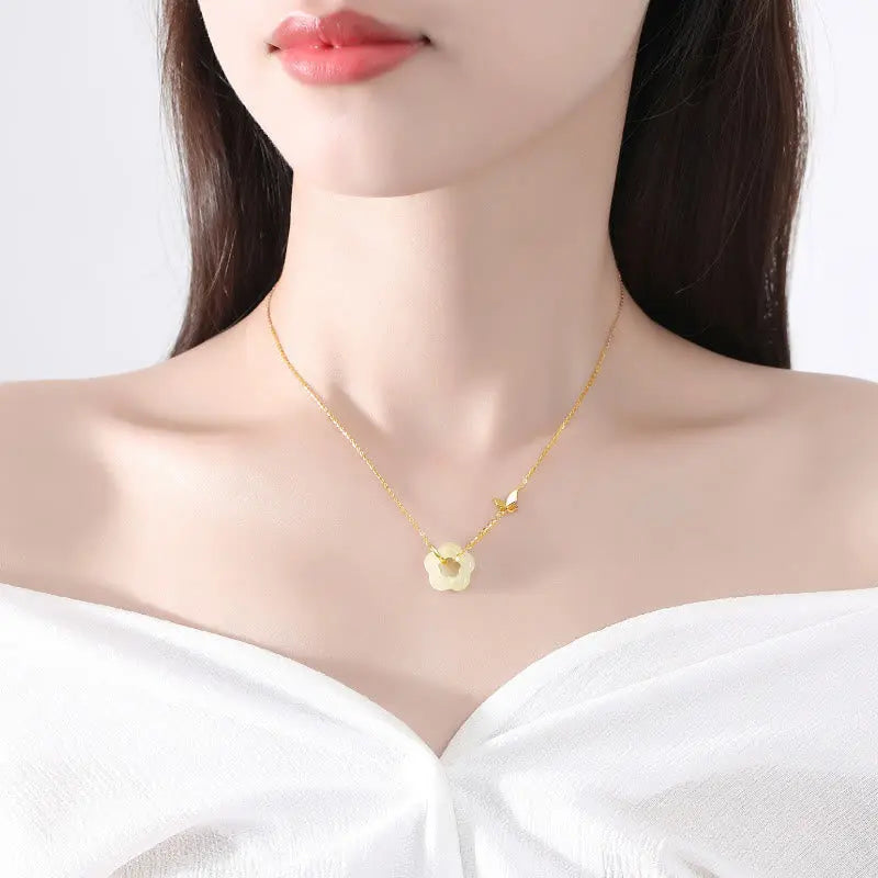 Buddha Stones 925 Sterling Silver Butterfly Hetian Jade Flower Blessing Necklace Pendant BS