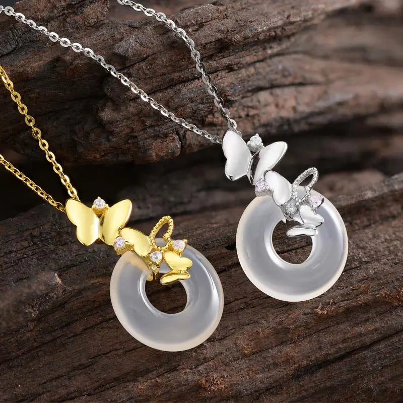 Buddha Stones 925 Sterling Silver Butterfly Chalcedony Peace Buckle Blessing Luck Necklace Pendant BS