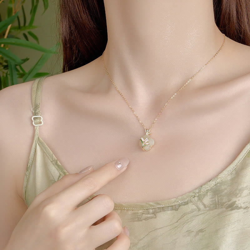 Buddha Stones 925 Sterling Silver Magnolia Butterfly Hetian Jade Four Leaf Clover Blessing Earrings Necklace Pendant BS