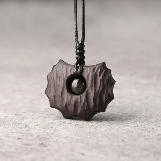 Buddha Stones Ebony Wood Obsidian Irregular Shape Peace Calm Necklace Pendant BS