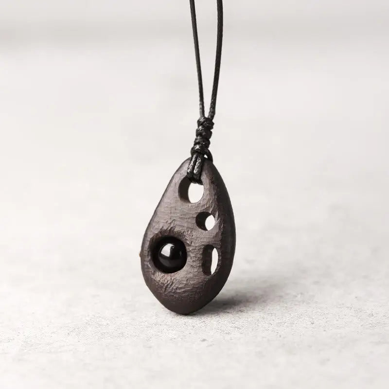 Buddha Stones Ebony Wood Hollow Inlaid Obsidian Peace Calm Necklace Pendant BS