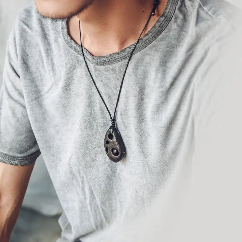 Buddha Stones Ebony Wood Hollow Inlaid Obsidian Peace Calm Necklace Pendant BS