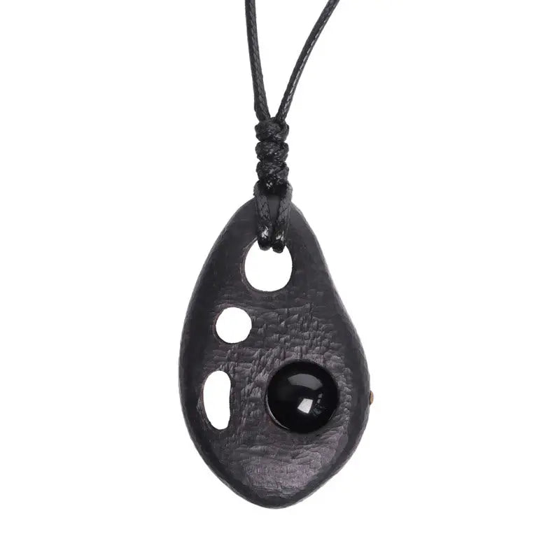 Buddha Stones Ebony Wood Hollow Inlaid Obsidian Peace Calm Necklace Pendant BS