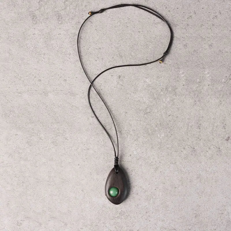 Buddha Stones Ebony Wood Green Aventurine Peace Calm Necklace Pendant BS