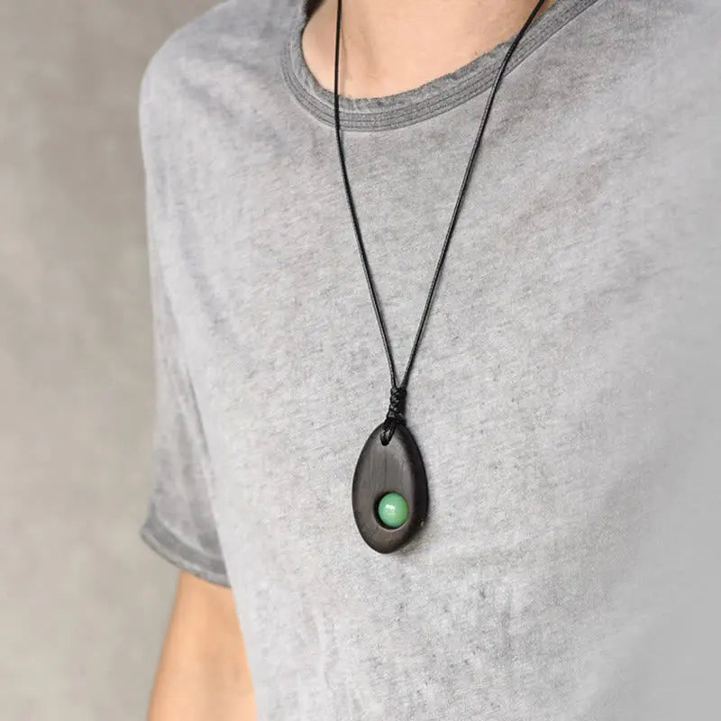 Buddha Stones Ebony Wood Green Aventurine Peace Calm Necklace Pendant BS