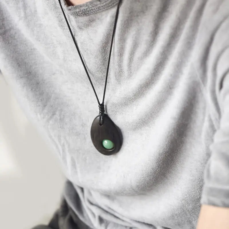 Buddha Stones Ebony Wood Green Aventurine Peace Calm Necklace Pendant BS
