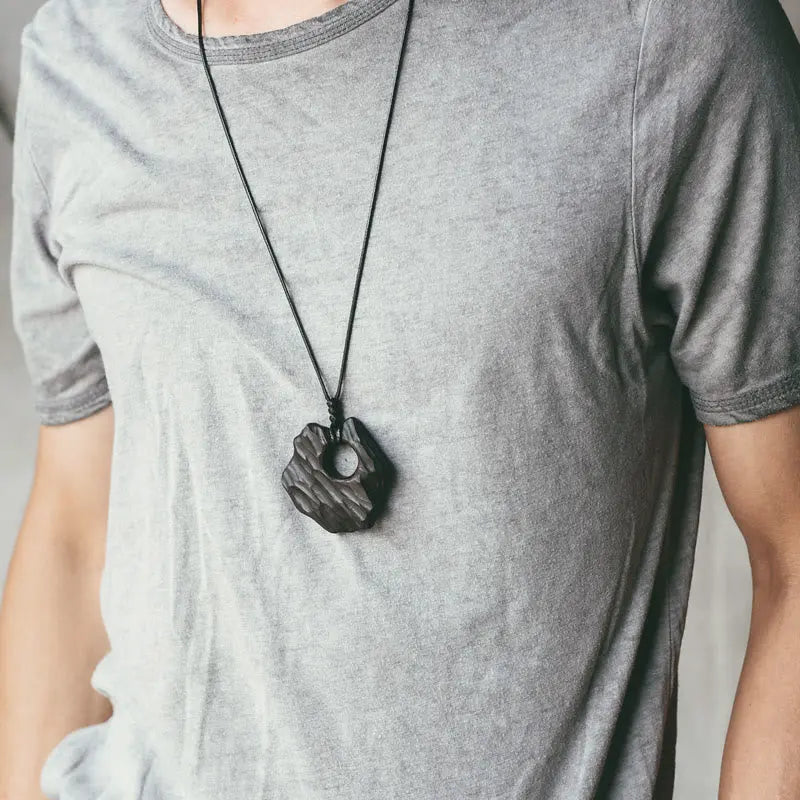 Buddha Stones Ebony Wood Hollow Irregular Shape Peace Balance Necklace Pendant BS