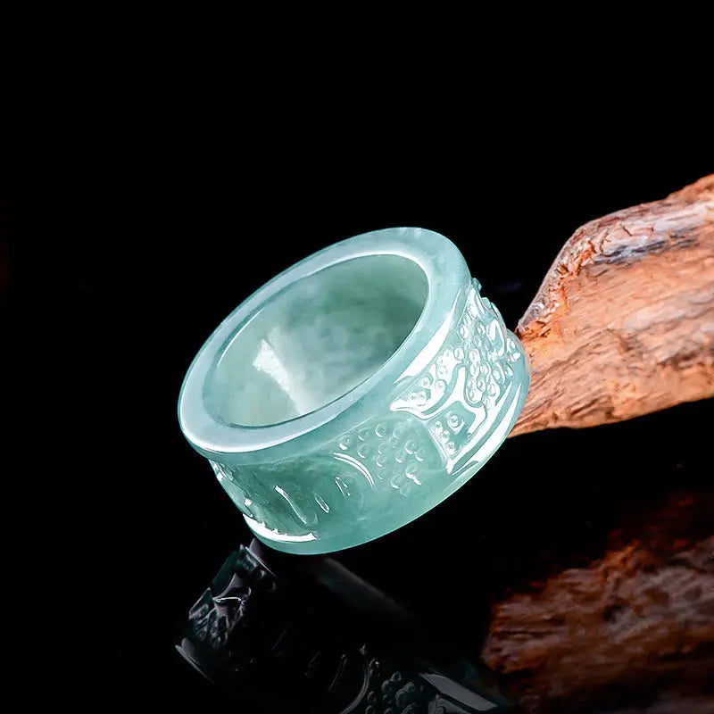 Buddha Stones Natural Jade Om Mani Padme Hum Carved Prosperity Ring BS