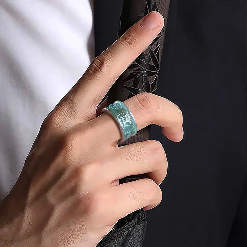 Buddha Stones Natural Jade Om Mani Padme Hum Carved Prosperity Ring BS