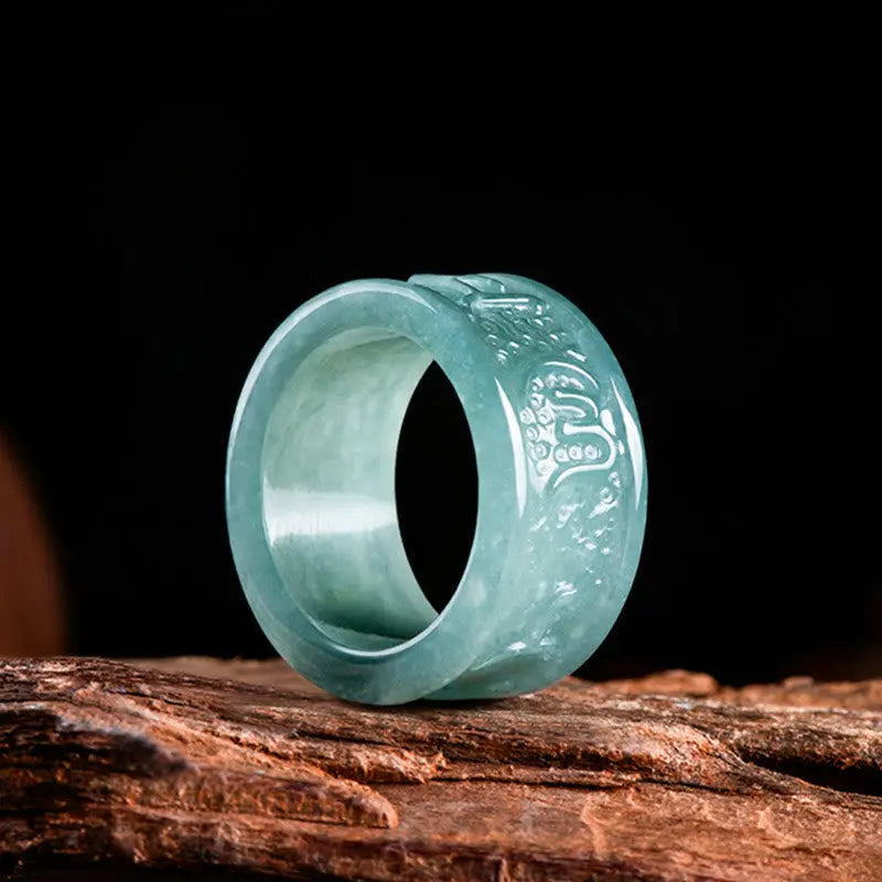 Buddha Stones Natural Jade Om Mani Padme Hum Carved Prosperity Ring BS