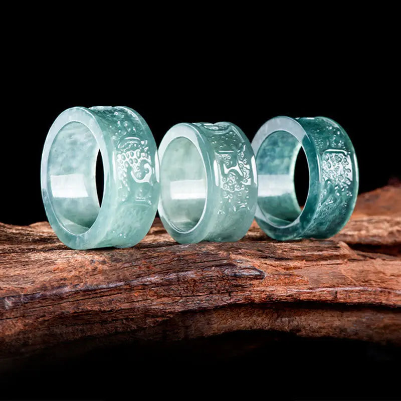 Buddha Stones Natural Jade Om Mani Padme Hum Carved Prosperity Ring BS