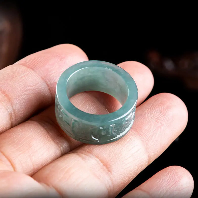 Buddha Stones Natural Jade Om Mani Padme Hum Carved Prosperity Ring BS