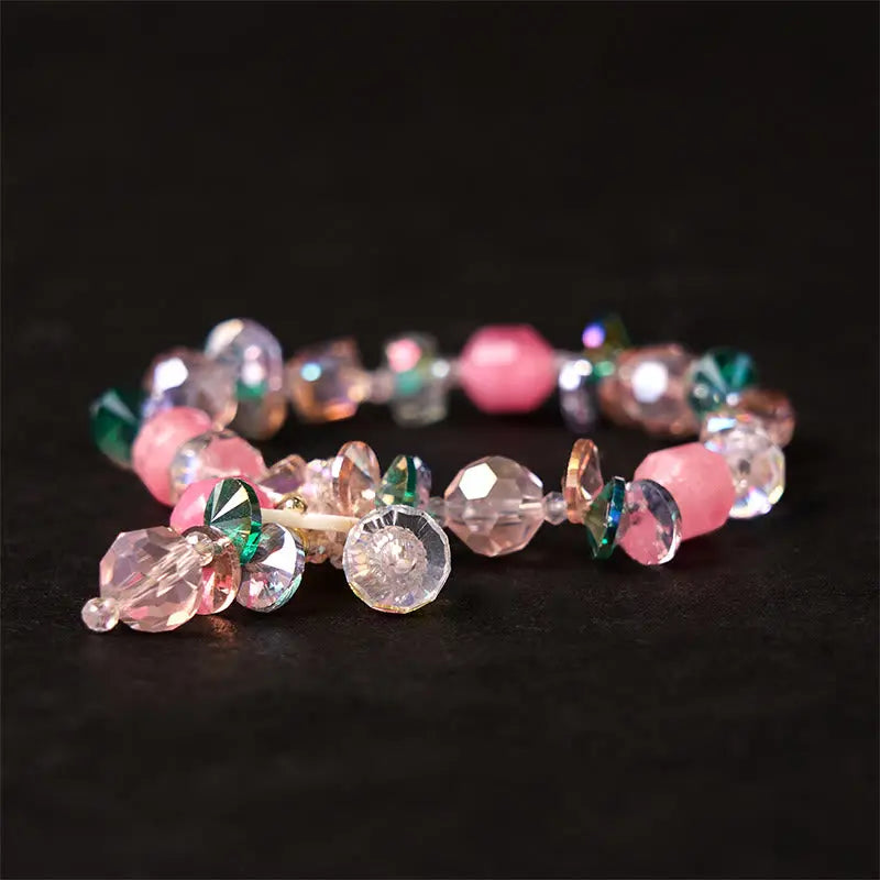 Buddha Stones Pink Crystal Green Crystal White Crystal Flower Warmth Bracelet BS