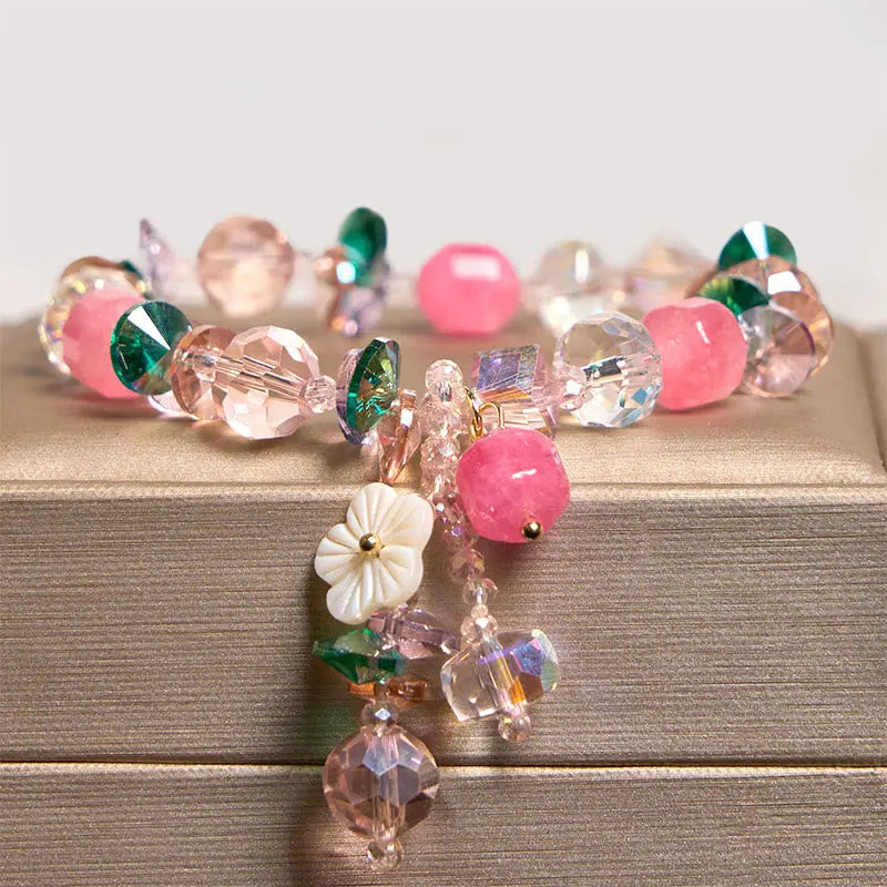 Buddha Stones Pink Crystal Green Crystal White Crystal Flower Warmth Bracelet BS