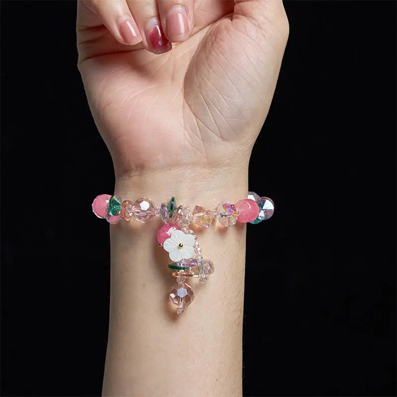 Buddha Stones Pink Crystal Green Crystal White Crystal Flower Warmth Bracelet BS
