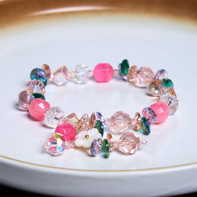 Buddha Stones Pink Crystal Green Crystal White Crystal Flower Warmth Bracelet BS