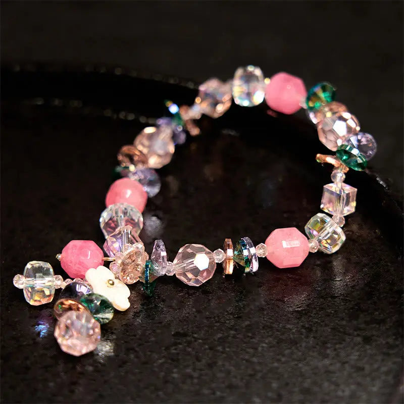 Buddha Stones Pink Crystal Green Crystal White Crystal Flower Warmth Bracelet BS