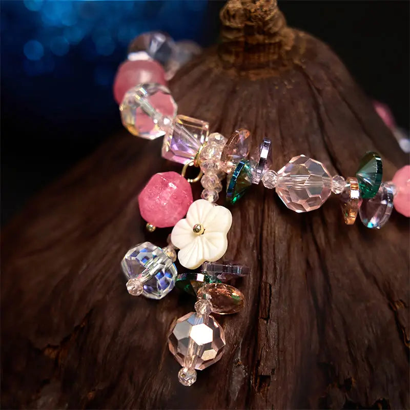Buddha Stones Pink Crystal Green Crystal White Crystal Flower Warmth Bracelet BS