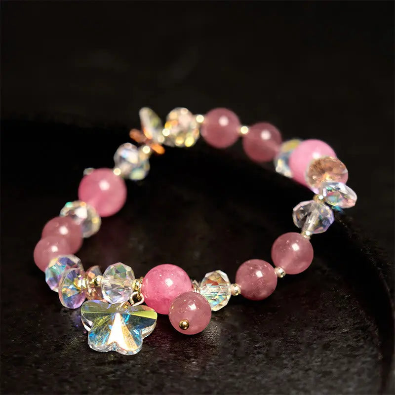 Buddha Stones Strawberry Quartz White Crystal Pink Crystal Butterfly Love Bracelet BS