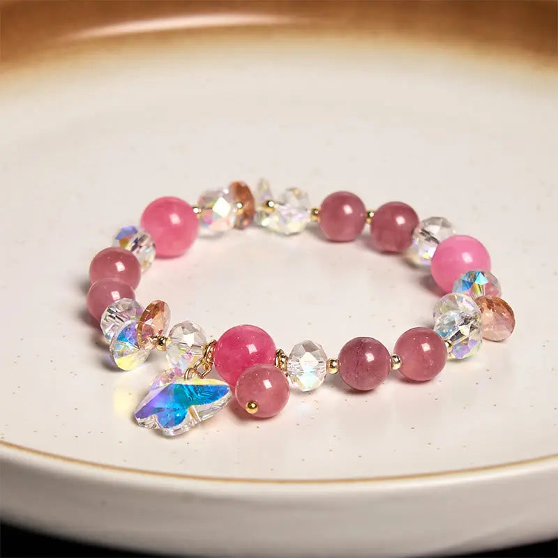 Buddha Stones Strawberry Quartz White Crystal Pink Crystal Butterfly Love Bracelet BS
