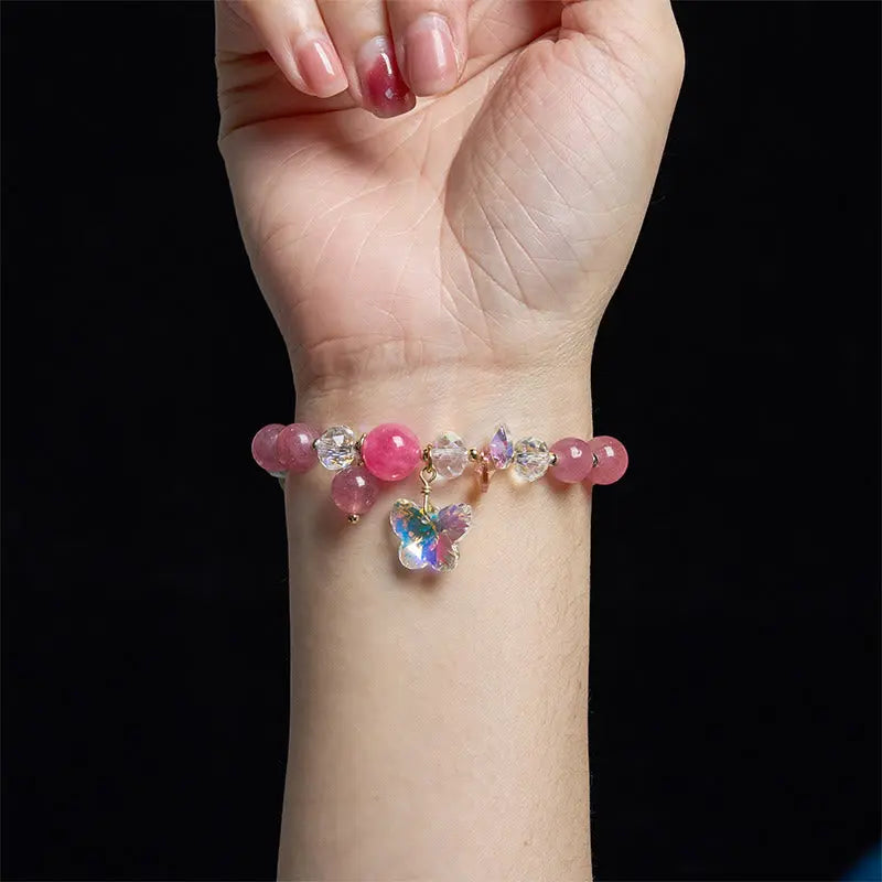 Buddha Stones Strawberry Quartz White Crystal Pink Crystal Butterfly Love Bracelet BS