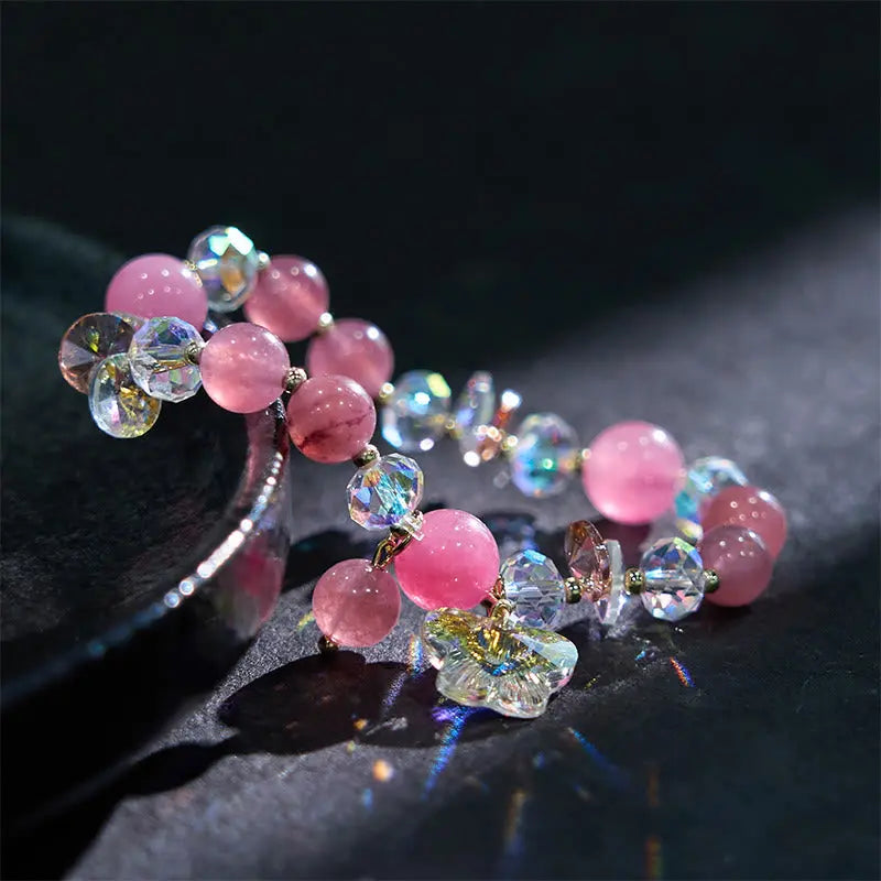 Buddha Stones Strawberry Quartz White Crystal Pink Crystal Butterfly Love Bracelet BS