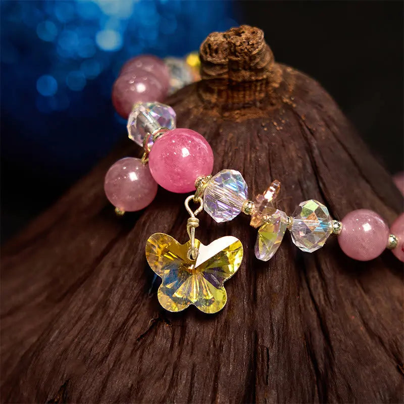 Buddha Stones Strawberry Quartz White Crystal Pink Crystal Butterfly Love Bracelet BS