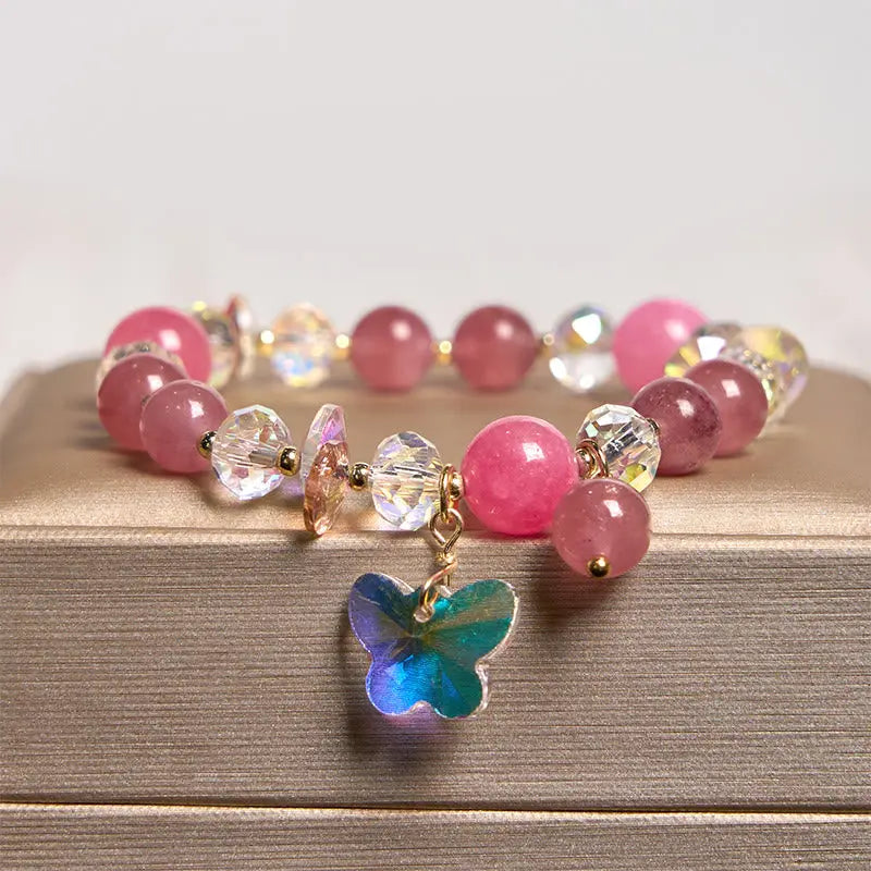Buddha Stones Strawberry Quartz White Crystal Pink Crystal Butterfly Love Bracelet BS