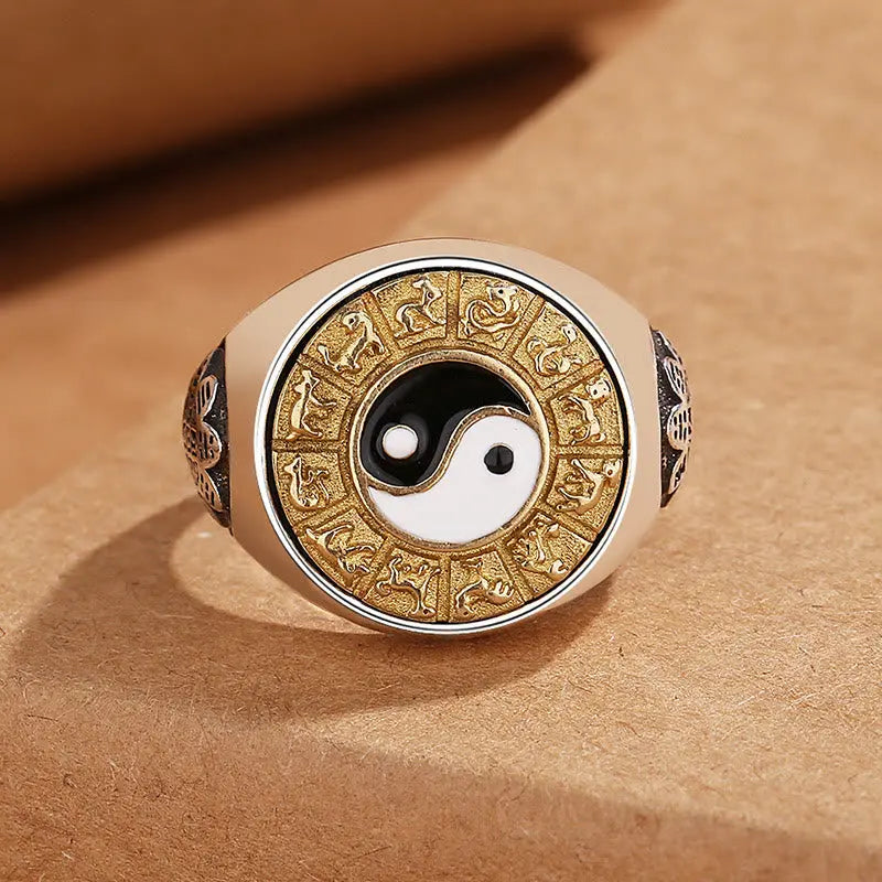 Buddha Stones Yin Yang Chinese Zodiac Copper Wealth Adjustable Ring BS
