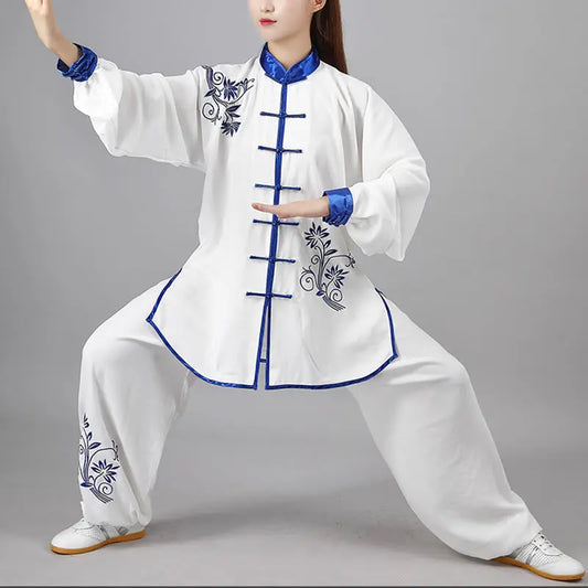 Buddha Stones 2Pcs Fall Blue Embroidery Flowers Frog-Button Tai Chi Meditation Qigong Zen Practice Unisex Cotton Clothing Set BS