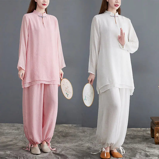 Buddha Stones 2Pcs Solid Women's Long Sleeve Shirt Pants Meditation Clothing Set BS