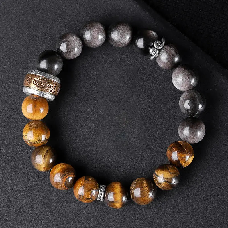 Buddha Stones Natural Silver Sheen Obsidian Tiger's Eye Six True Words 'om Mani Padme Hum'  Strength Bracelet BS