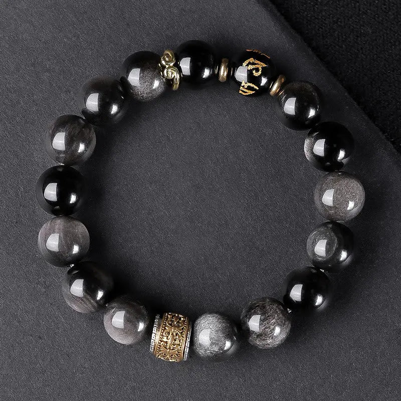 Buddha Stones Natural Silver Sheen Obsidian Tiger's Eye Six True Words 'om Mani Padme Hum'  Strength Bracelet BS