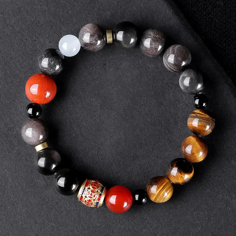 Buddha Stones Natural Silver Sheen Obsidian Tiger's Eye Six True Words 'om Mani Padme Hum'  Strength Bracelet BS
