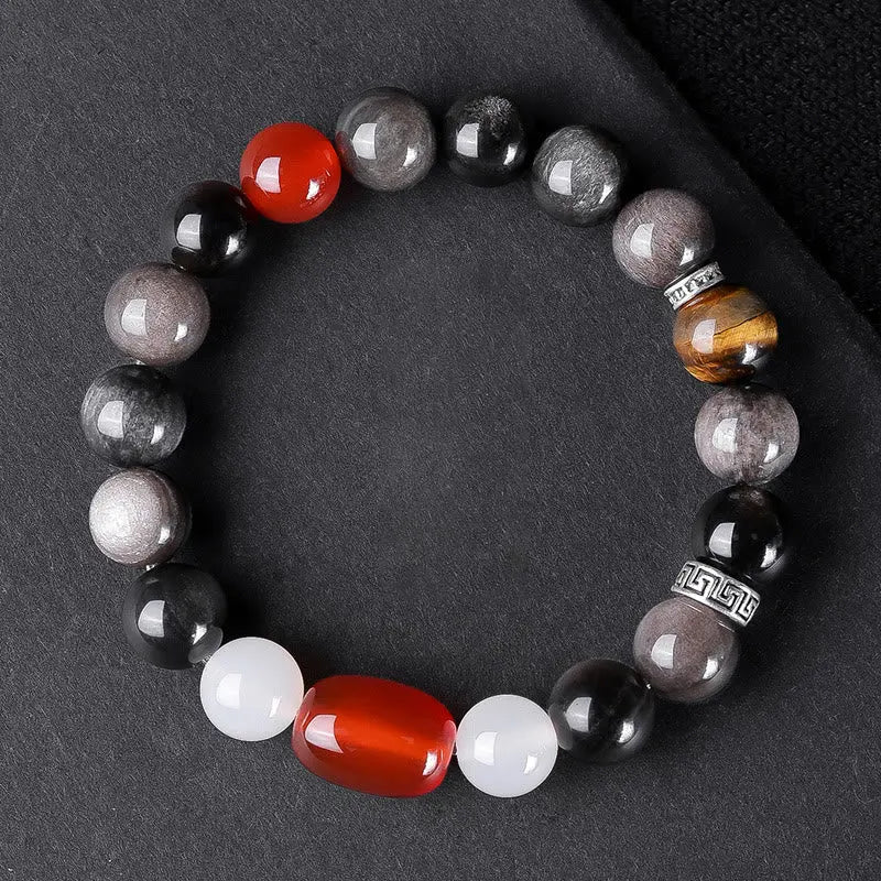 Buddha Stones Natural Silver Sheen Obsidian Tiger's Eye Six True Words 'om Mani Padme Hum'  Strength Bracelet BS