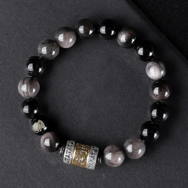 Buddha Stones Natural Silver Sheen Obsidian Tiger's Eye Six True Words 'om Mani Padme Hum'  Strength Bracelet BS