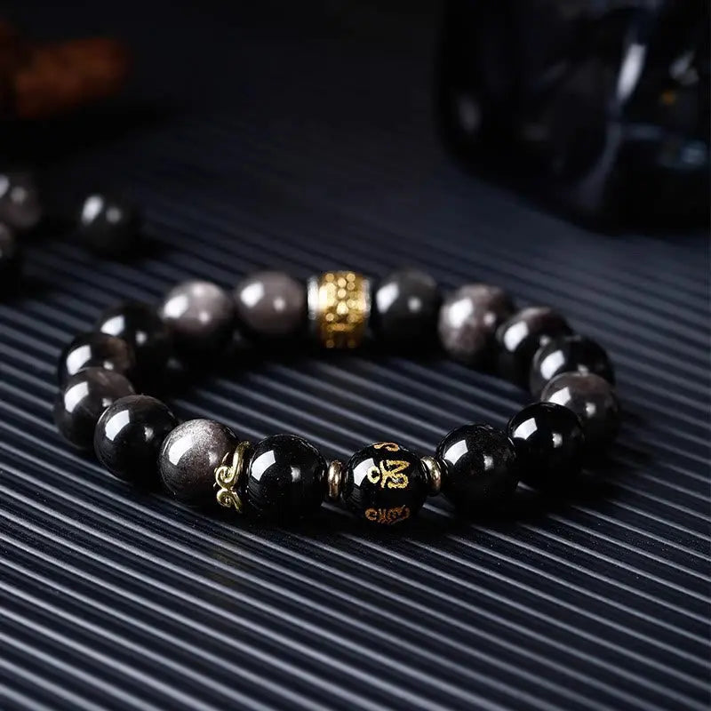 Buddha Stones Natural Silver Sheen Obsidian Tiger's Eye Six True Words 'om Mani Padme Hum'  Strength Bracelet BS