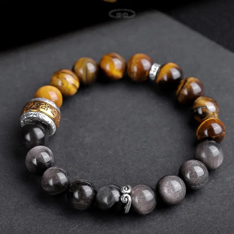 Buddha Stones Natural Silver Sheen Obsidian Tiger's Eye Six True Words 'om Mani Padme Hum'  Strength Bracelet BS