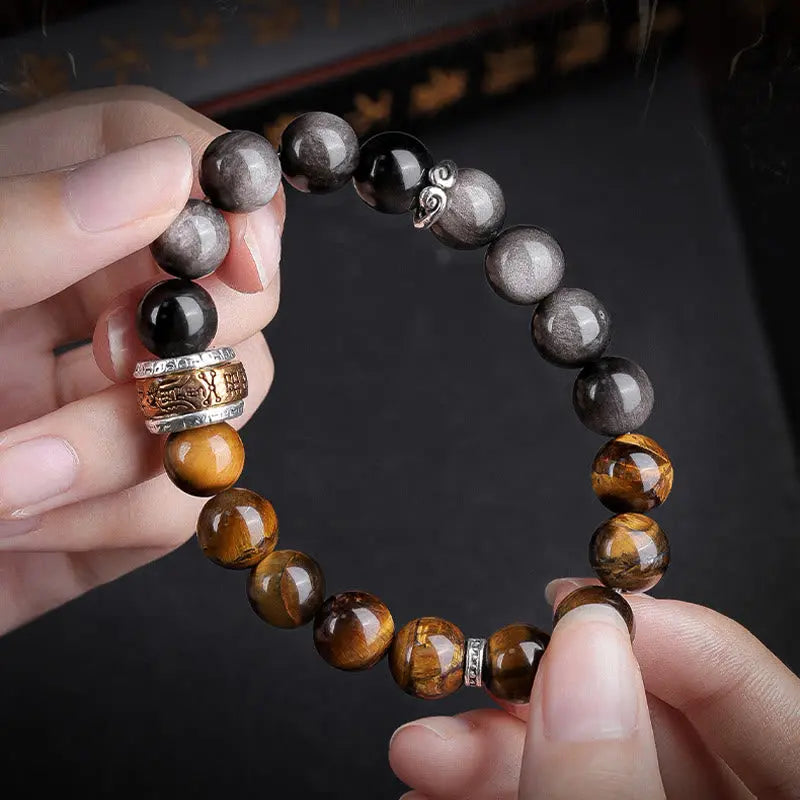 Buddha Stones Natural Silver Sheen Obsidian Tiger's Eye Six True Words 'om Mani Padme Hum'  Strength Bracelet BS