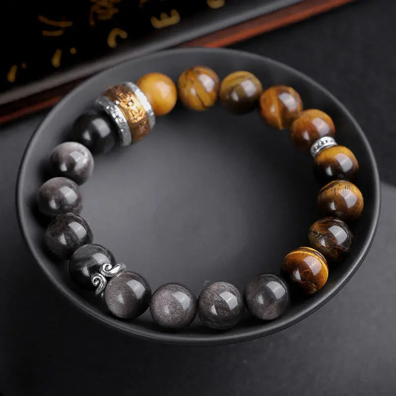 Buddha Stones Natural Silver Sheen Obsidian Tiger's Eye Six True Words 'om Mani Padme Hum'  Strength Bracelet BS