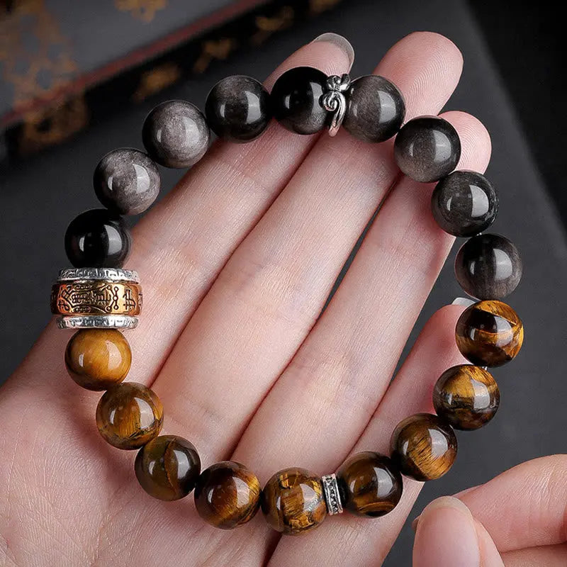 Buddha Stones Natural Silver Sheen Obsidian Tiger's Eye Six True Words 'om Mani Padme Hum'  Strength Bracelet BS